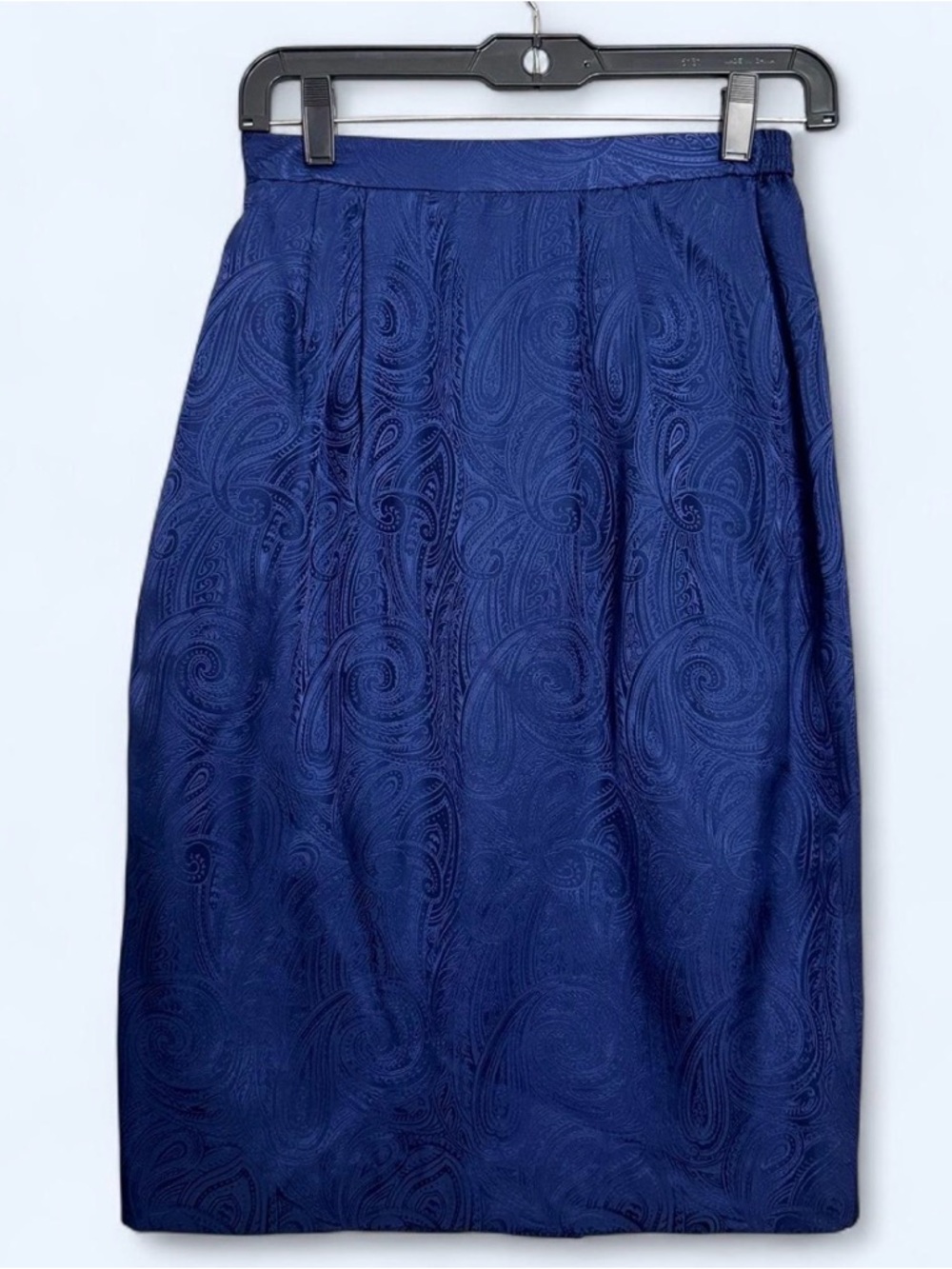 Vintage 100% Silk Paisley Skirt Blue Midi High Waist Sz 4 Coquette Office 90s